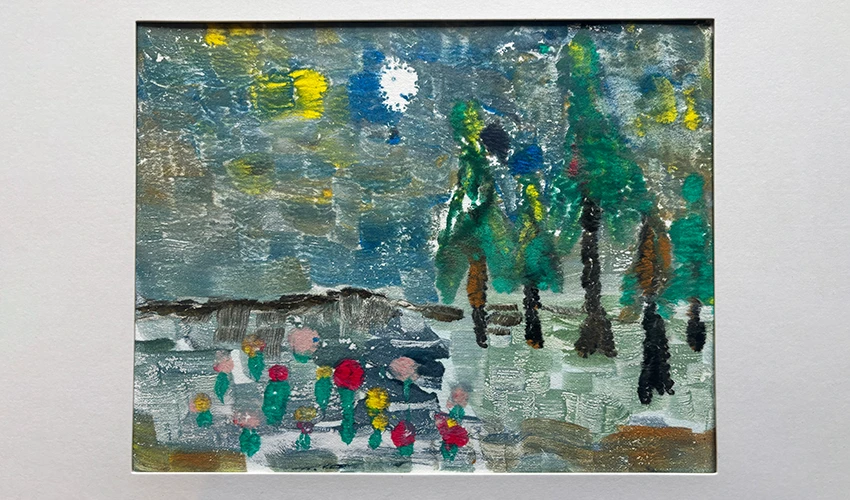crude painting of a landscape scene with trees